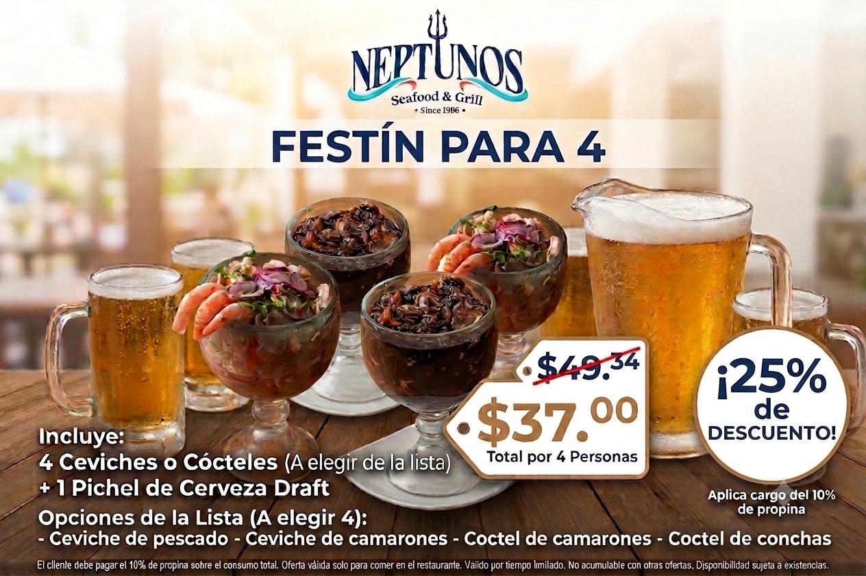 25% OFF Festín Neptunos para 4: Ceviches + Pichel Draft