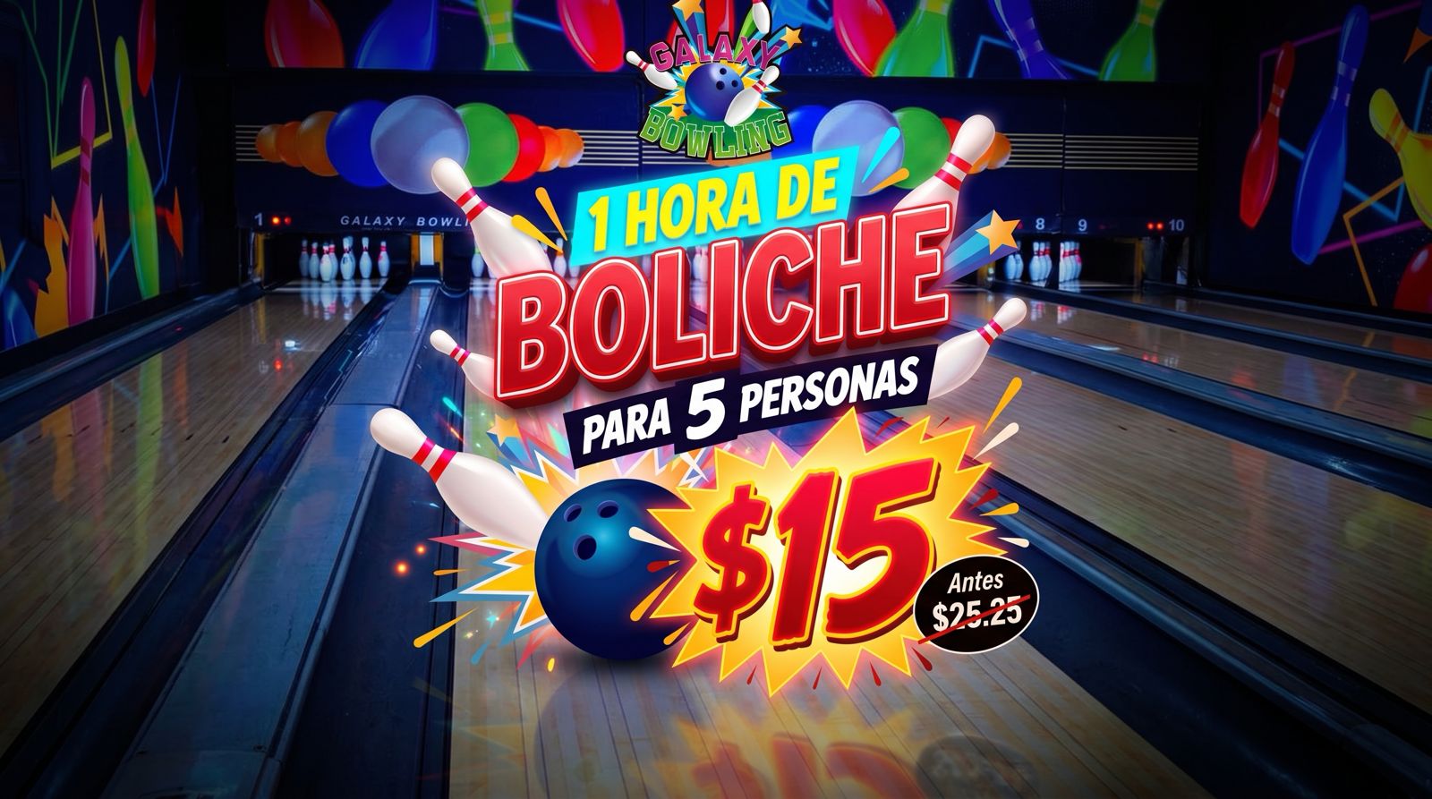 🎳 ¡Arma tu equipo! Disfruten de 1 hora completa de boliche  para 5 personas por solo $15🎳
