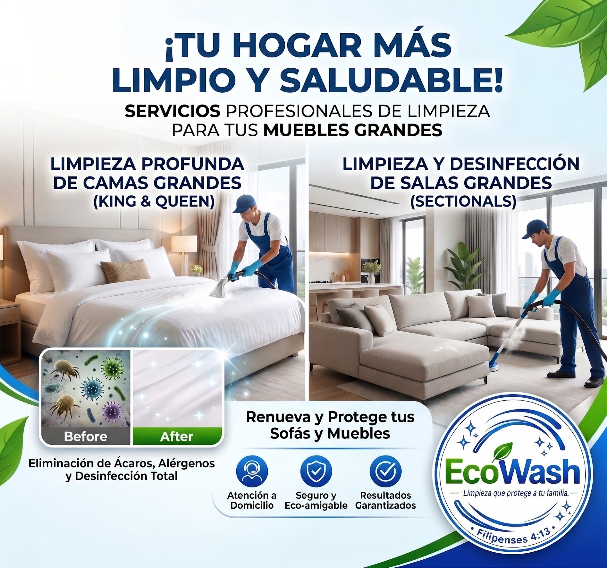 🏡✨ ¡Hogar impecable y libre de alergias! Limpieza profunda para Cama Grande o Juego de Sala