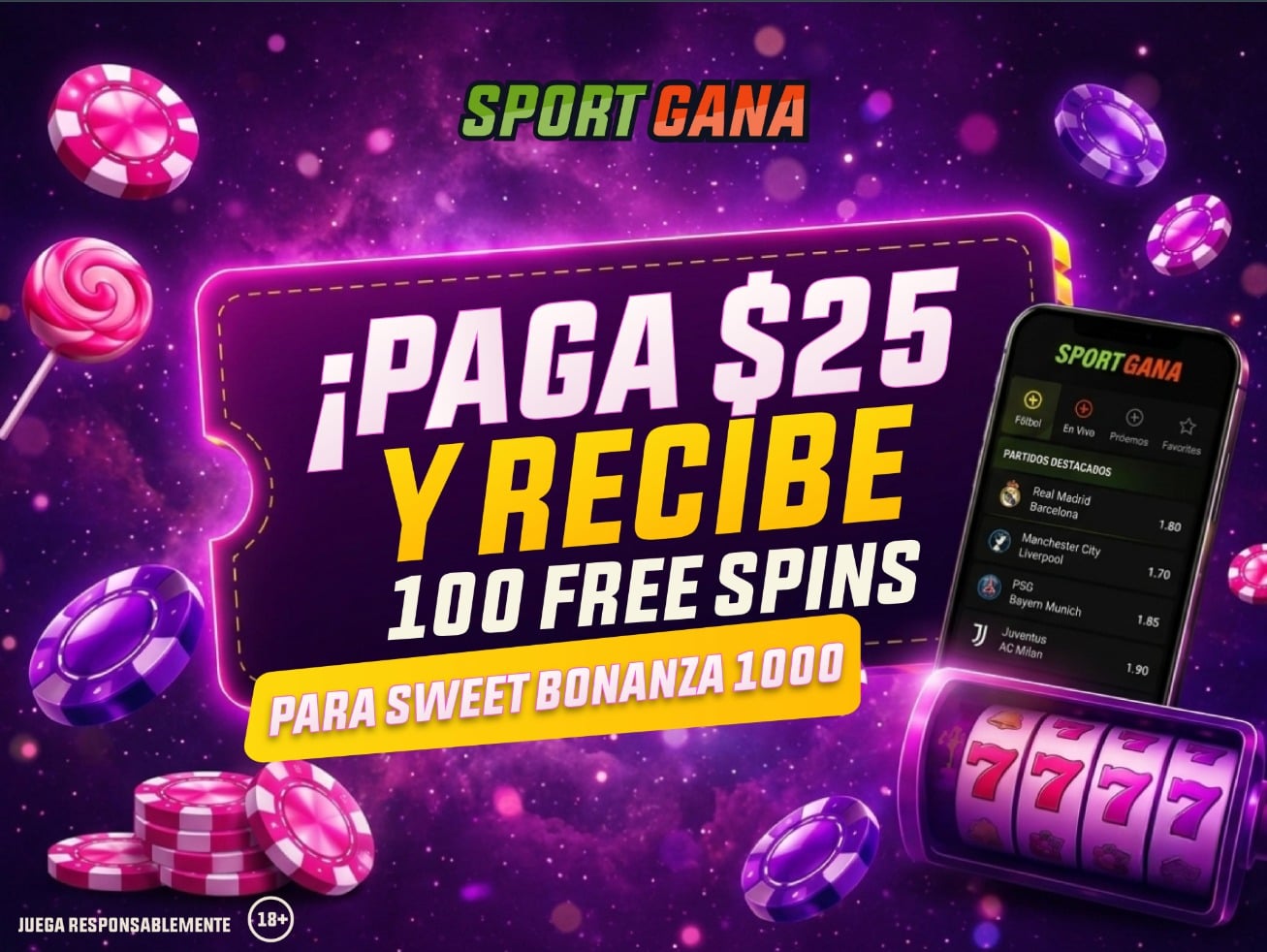 PAGA $25 Y RECIBE 100 FREE SPINS PARA SWEET BONANZA 1000